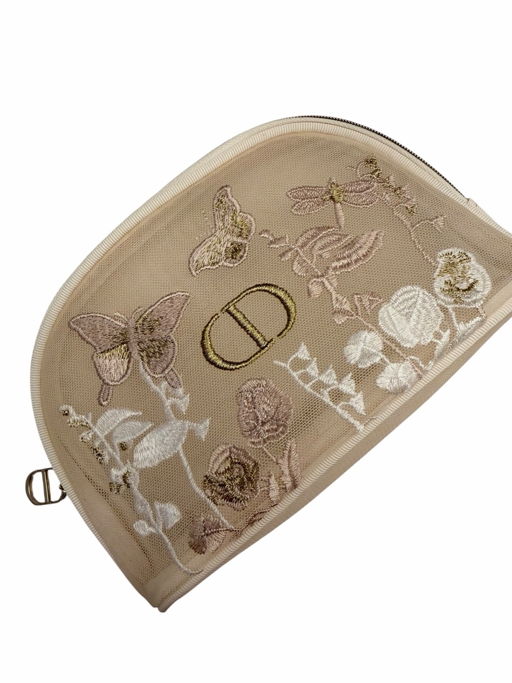 Dior Beige Embroidered Floral & Butterfly Cosmetic Pouch with Gold CD Accent
